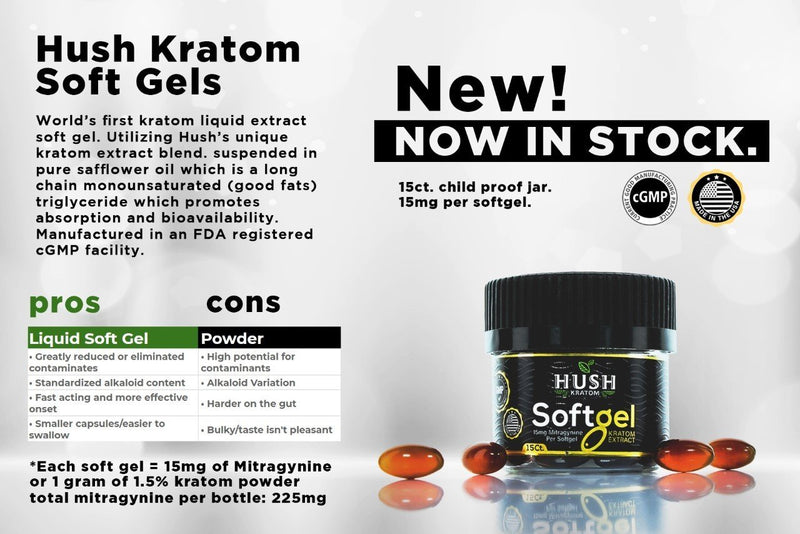 Hush Kratom 15ct Liquid Extract Softgels. Progressive Discounts Available! - K-Chill Direct