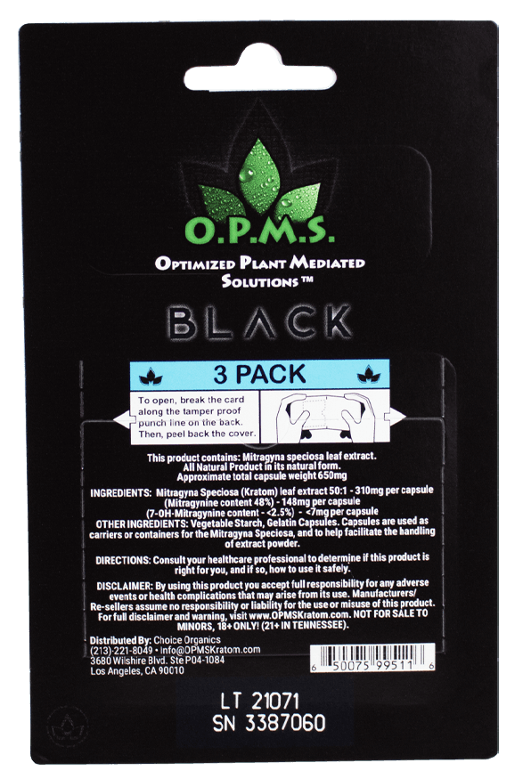 OPMS Black Kratom Extract Capsules - Progressive Discounts Available - K-Chill Direct